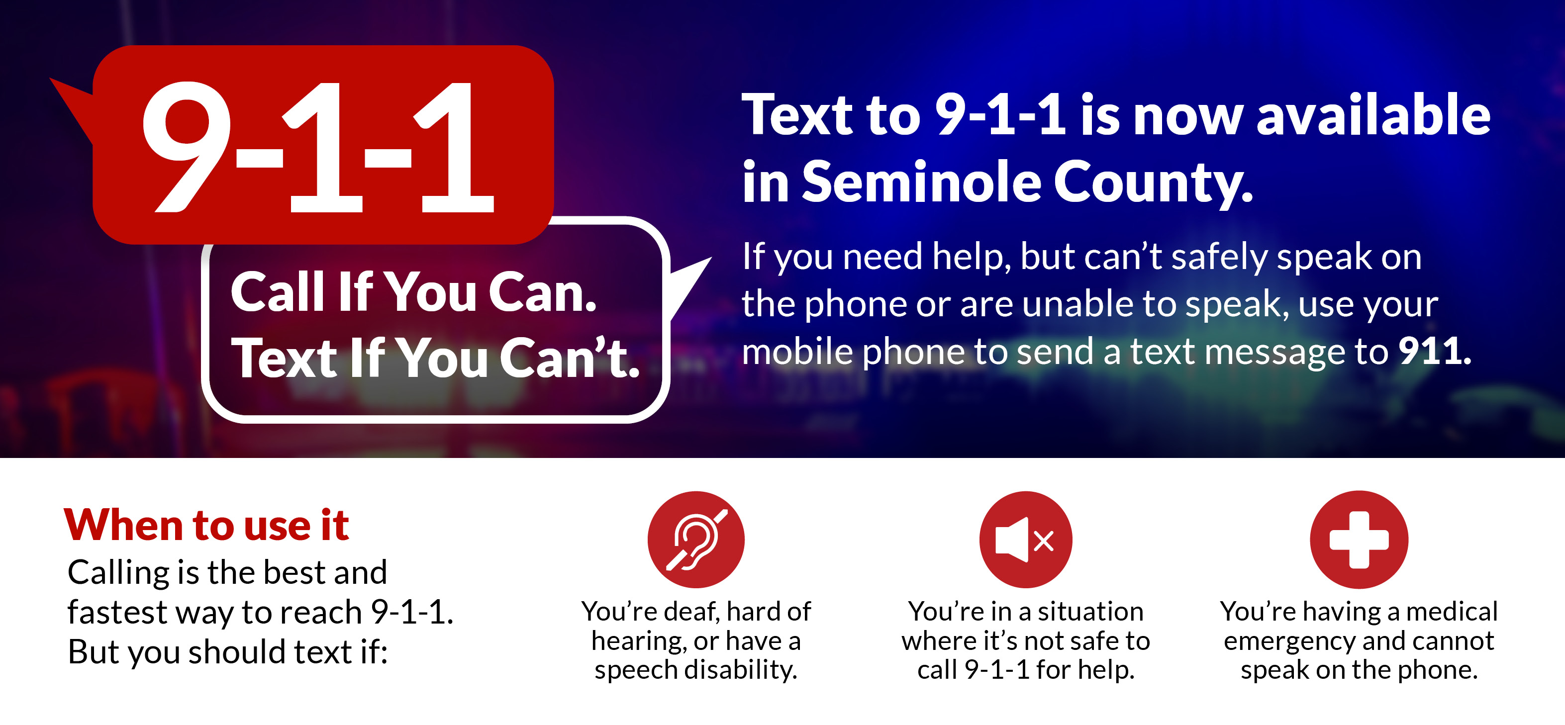 Text-to-911 graphic: Call if you can. Text if you can't.