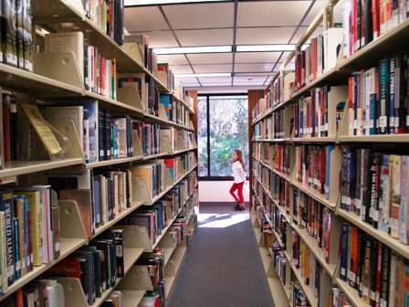 Looking down library ranges of books