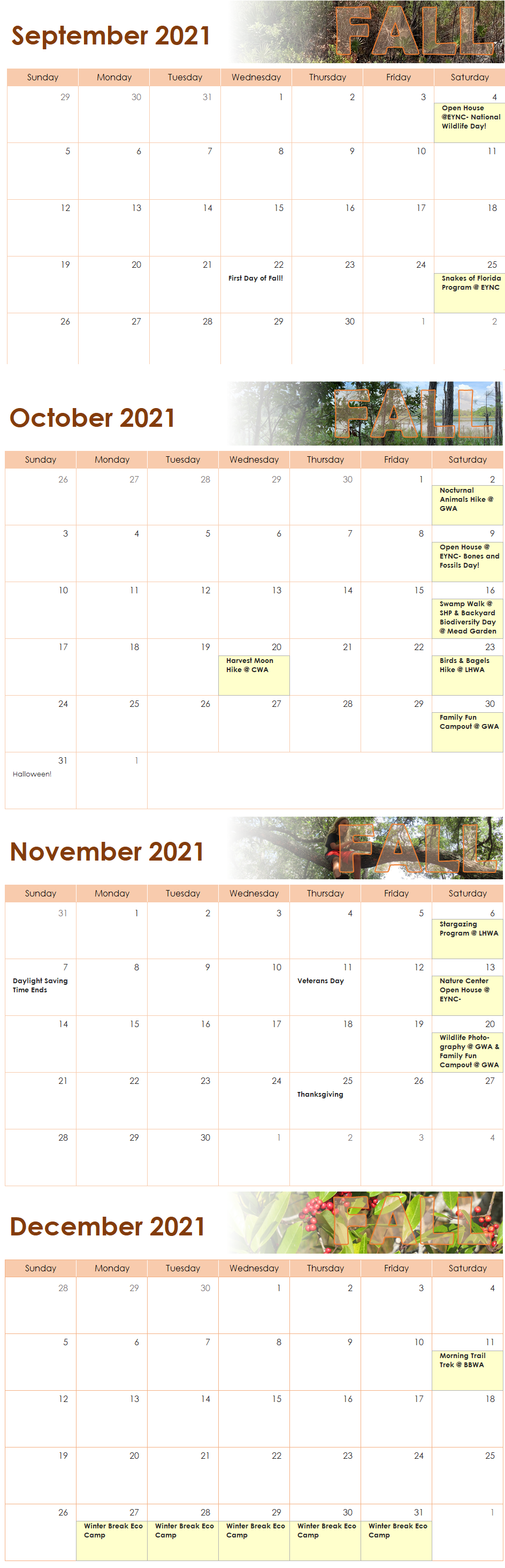 2021 Fall Event Calendars