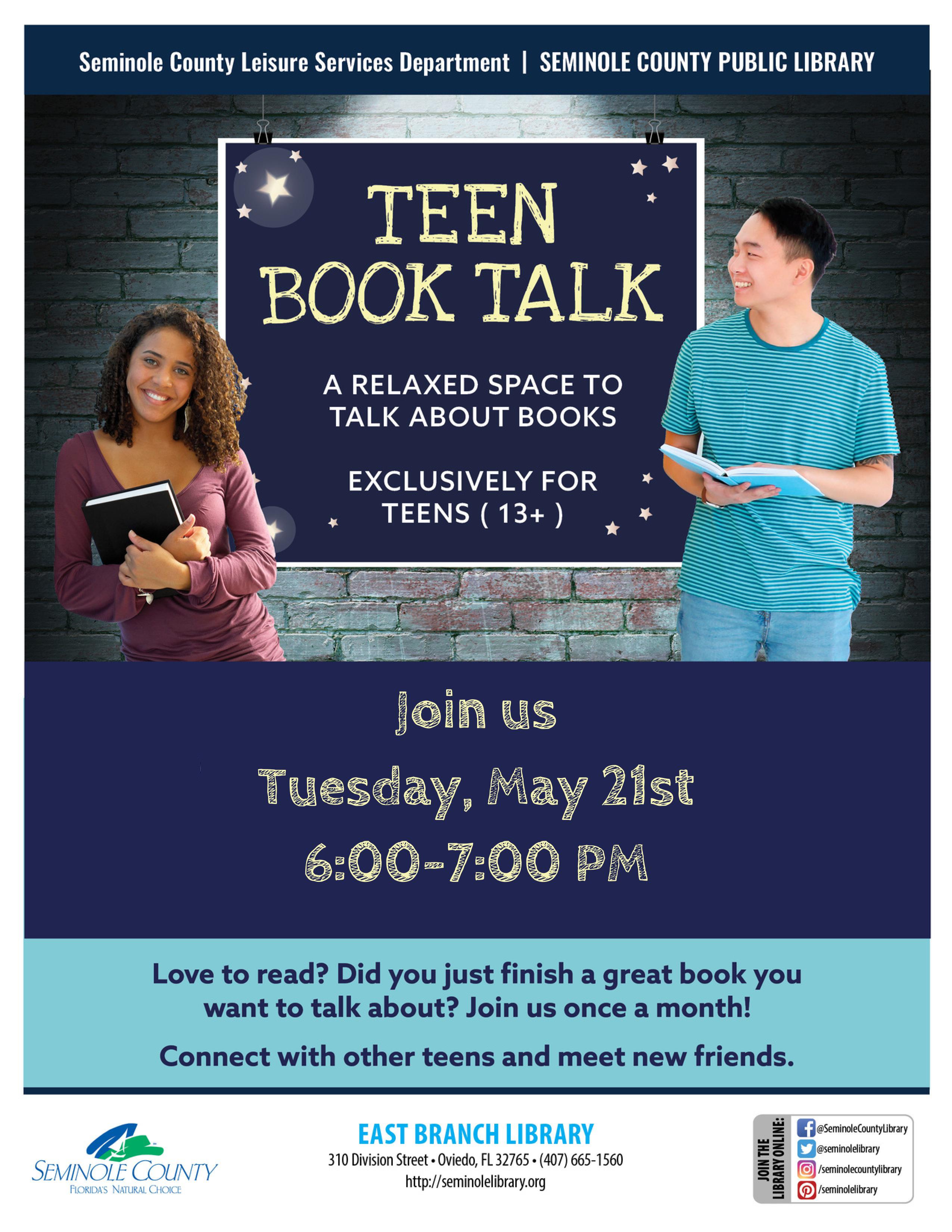 Teen Book Talk, May 21, East Branch Library