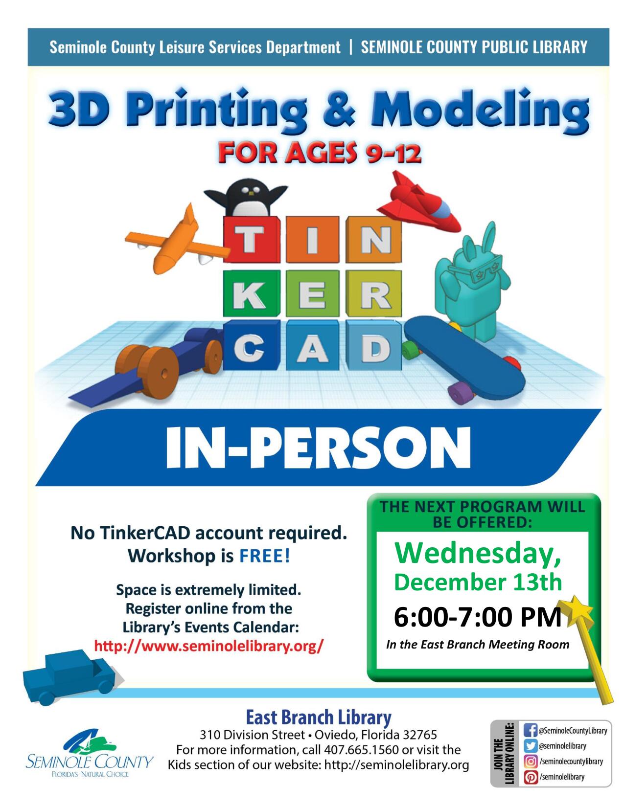 3D Printing and Modeling for Ages 9-12 - East Branch - 12-13-23