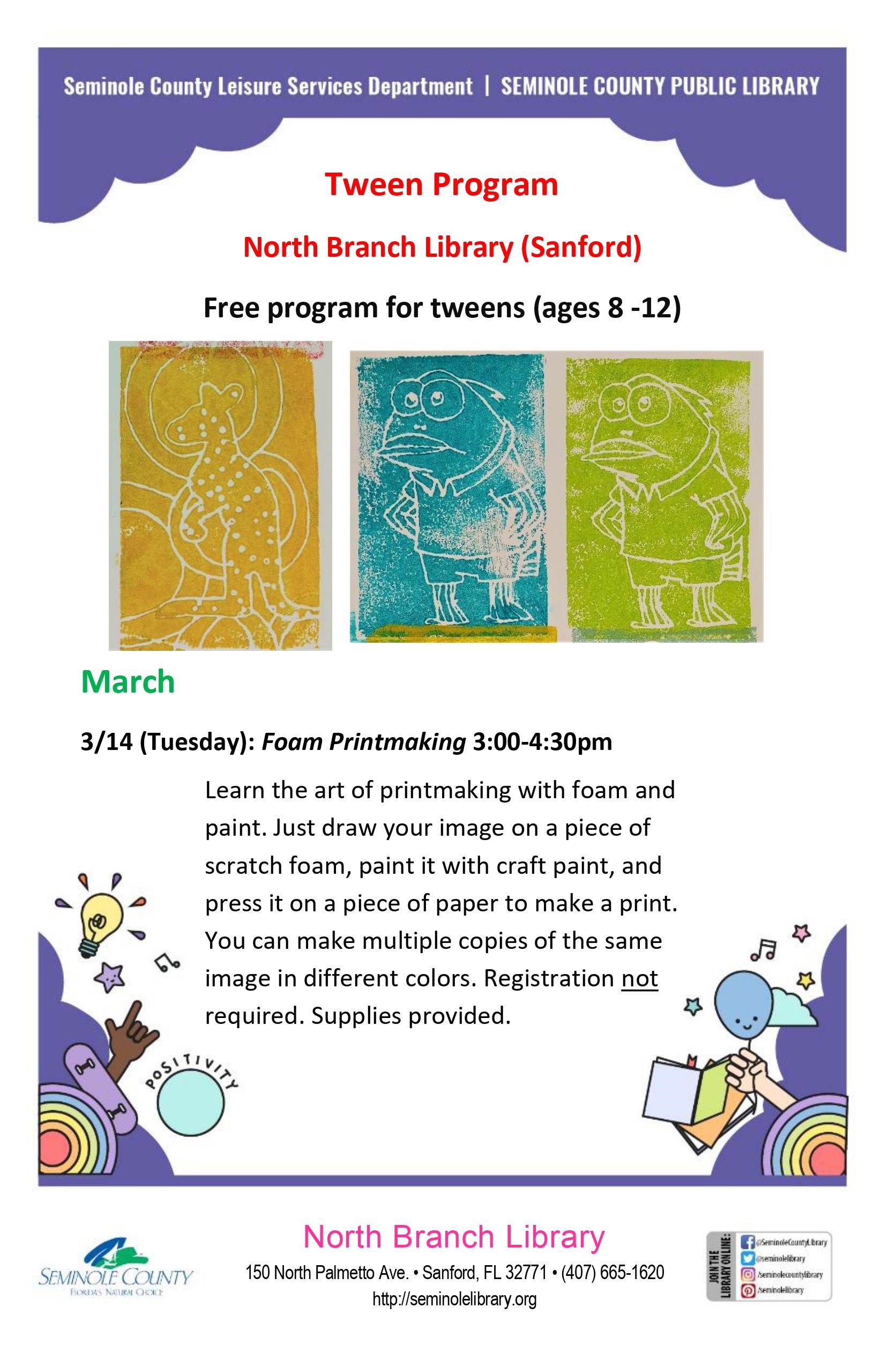 Tween Printmaking at the North Branch Library